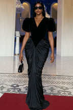 V Neck Puff Sleeve Velvet Panel Ruched Party Maxi Dresses-Black