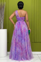 One Shoulder Cinch Waist Slit Mesh Gowns Maxi Dresses-Purple