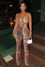 Strapless Cut Out Animal Print Bodycon Party Jumpsuit-Brown