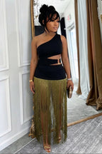 One Shoulder Cut Out Colorblock Fringe Party Maxi Dresses-Black