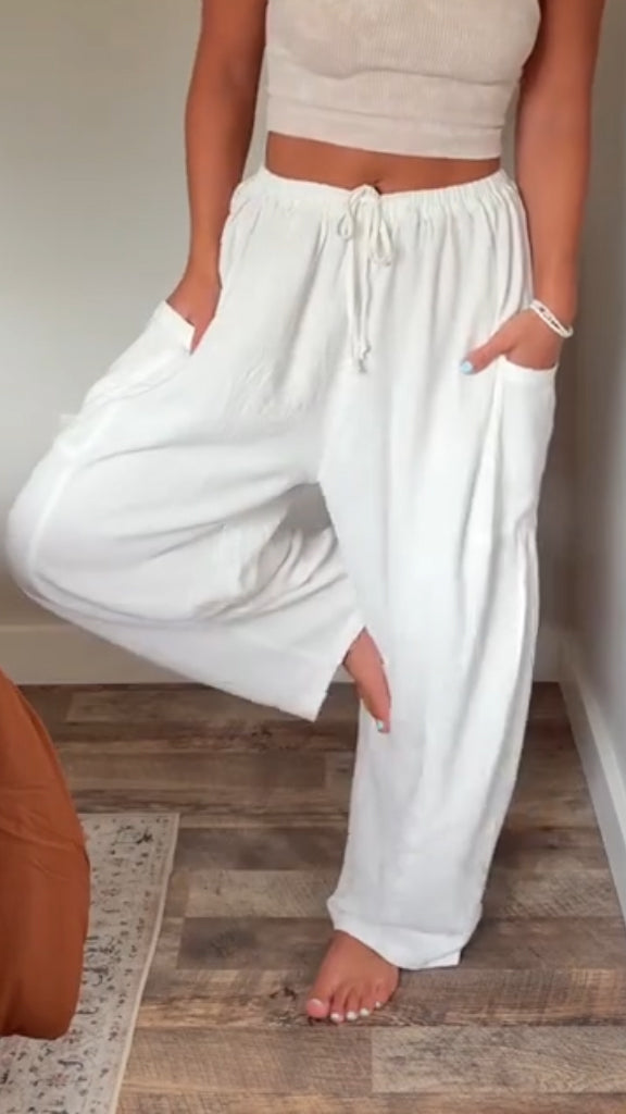 Women's Cotton and Linen Double Pocket Casual Trousers