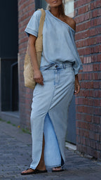 Women's Round Neck Tencel Denim Casual Suit