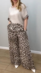 Women's Round Neck Leopard Print Cotton and Linen Casual Suit