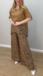 Women's Round Neck Leopard Print Cotton and Linen Casual Suit