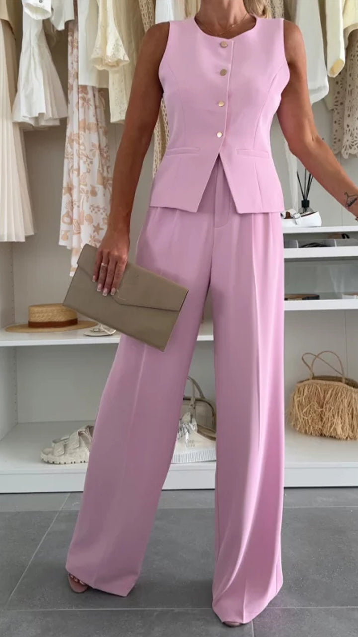 Women's Round Neck Sleeveless Top + Trousers Set
