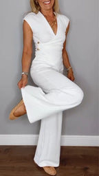 Women's V-neck Solid Color Waist Button Casual Suit