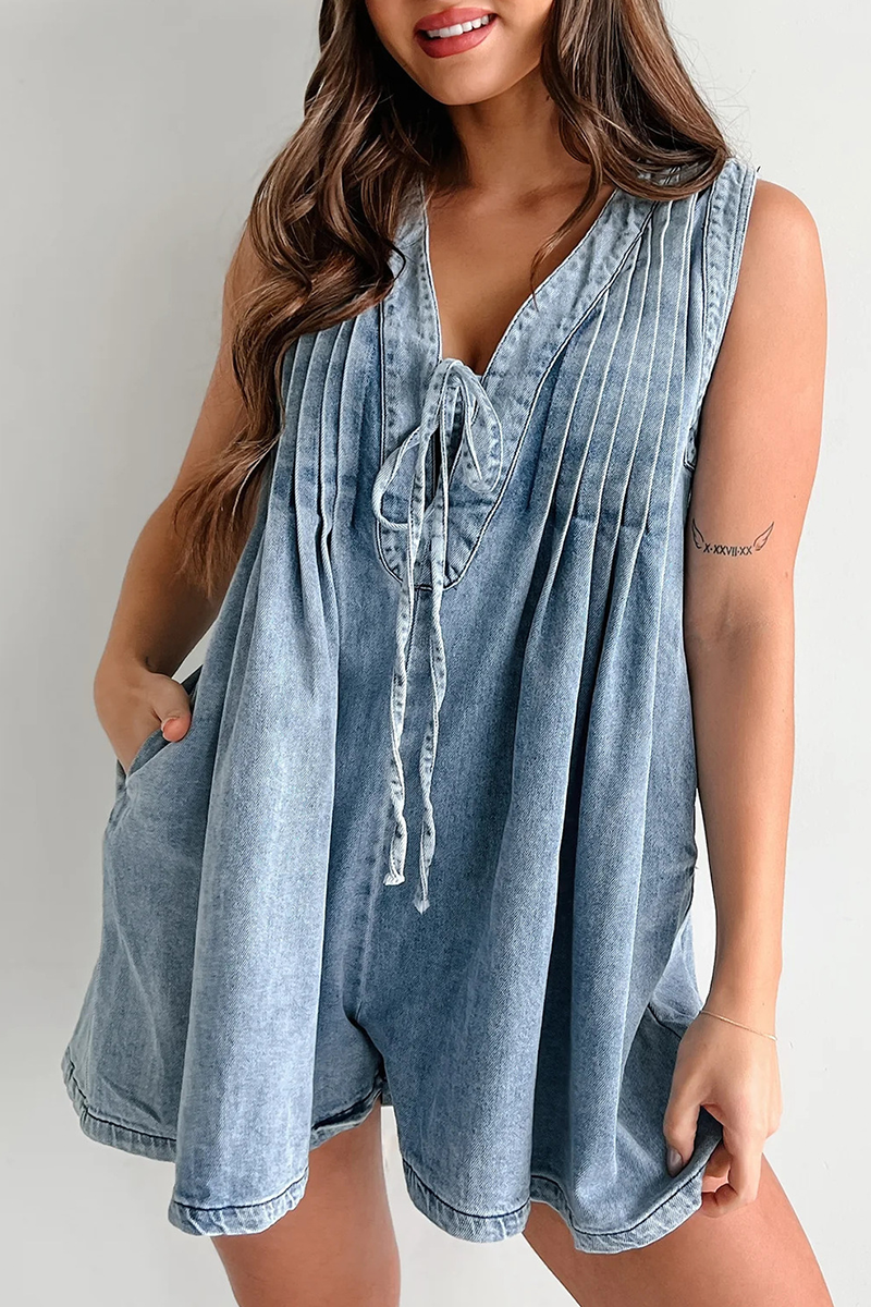 Women's V-neck Patchwork Pleated Washed Water Casual Short Jumpsuit
