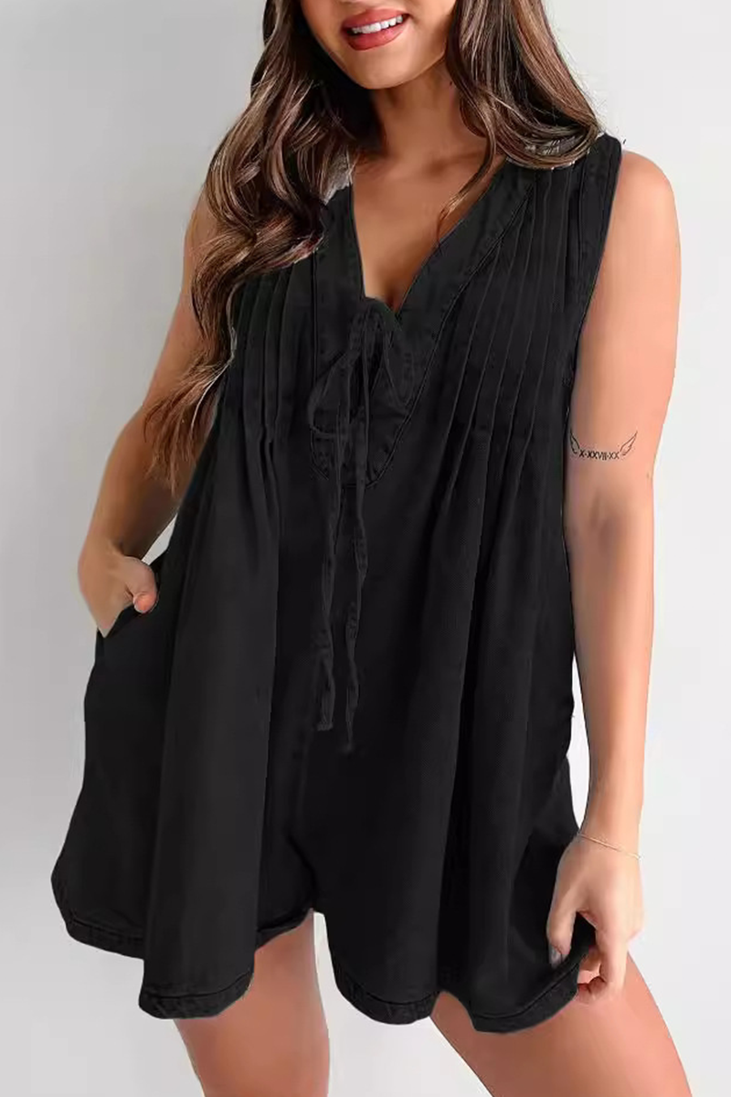 Women's V-neck Patchwork Pleated Washed Water Casual Short Jumpsuit