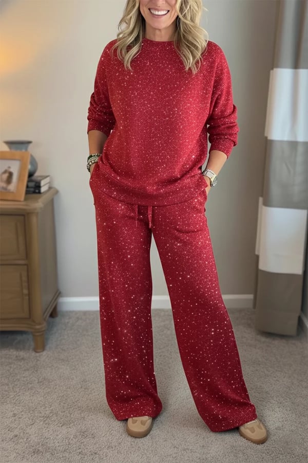 Women Round Neck Hot Diamond Flash Solid Color Casual Suit