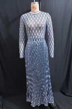 Round Neck All Over Print Long Sleeve Top Maxi Skirt 2pcs Set-Blue