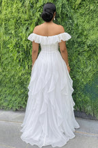 Off Shoulder Ruffle Trim Bouffant Gowns Maxi Dresses-White