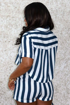 Striped Turndown Collar Short Sleeve Top Shorts 2pcs Set-Yellow