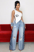 One Shoulder Chain Top -White