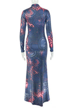 Party All Over Print Mock Neck Long Sleeve Bodycon Maxi Dresses-Black
