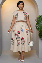 Floral Round Neck Short Sleeve Top Maxi Skirt 2pcs Set-Beige