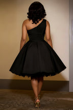 One Shoulder Cinch Waist Floral A-Line Gowns Mini Dresses-Black