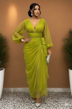 Deep V Neck Long Sleeve Ruched Mesh Gowns Maxi Dresses-Green