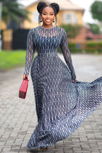 Round Neck All Over Print Long Sleeve Top Maxi Skirt 2pcs Set-Blue
