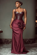 PU Leather Contrast 3D Flower Wrapped Party Cami Maxi Dresses-Red