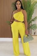 Ruched One Shoulder Cami Top High Rise Pants 2pcs Set-Yellow