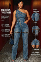 Denim One Shoulder Detachable Zip-Off Slim Fit Jumpsuit-Blue [Pre Order]