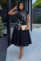 Round Neck Short Sleeve Abstract Print Casual Midi Dresses-Black