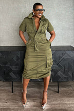 Stand Collar Zipper Drawstring Waist Pocket Midi Dresses-Green