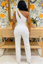One Shoulder Sleeveless Cut Out Slim Fit Casual Jumpsuit-White