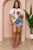 LORAGAL Portrait Print Casual T-Shirt