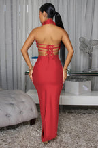 3D Flower Decor High Collar Open Back Bodycon Party Maxi Dresses-Red