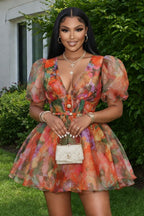 Deep V Neck Puff Sleeve Floral A-Line Mini Dresses-Multicolor