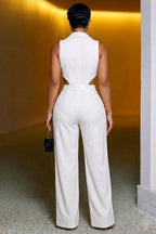 Turndown Collar Sleeveless Cut Out Slim Casual Jumpsuit-White