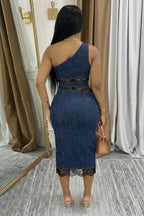 Denim One Shoulder Lace Patchwork Slim Casual Maxi Dresses-Navy