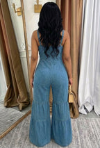 V Neck Cami Pattern Denim Cinched Quilted Wide Leg Jumpsuit-Blue