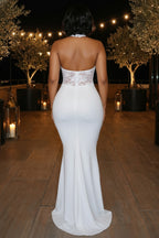 Halter Semi-Sheer Lace Patchwork Mermaid Party Maxi Dresses-White