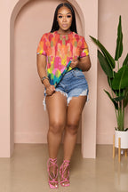 LORAGAL Colorblock Print Round Neck Casual T-Shirt