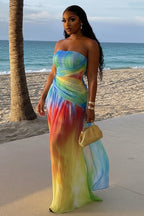 Strapless Ruched Slim Fit Mesh Vacation Maxi Dresses-Multicolor