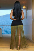 One Shoulder Cut Out Colorblock Fringe Party Maxi Dresses-Black