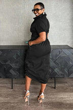 Stand Collar Zipper Drawstring Waist Pocket Midi Dresses-Green