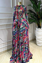 All Over Print Round Neck Long Sleeve Cinch Waist Maxi Dresses-Multicolor