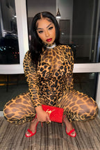 High Neck Leopard Print Semi-Sheer Bodycon Party Jumpsuit-Brown