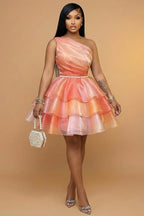 One Shoulder Sleeveless Ruffles A-Line Gowns Mini Dresses-Orange