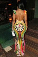 Deep V Neck Backless Cinch Waist Mermaid Maxi Dresses-Multicolor