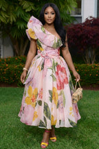 Ruffle One Shoulder Cinch Waist Floral Bouffant Maxi Dresses-Pink