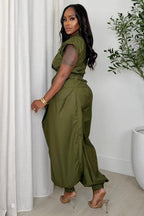 Round Neck Cap Sleeve Top Cuffed Pants Casual 2pcs Set-Green [Pre Order]