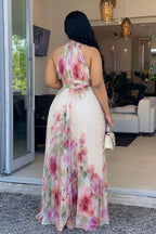 Halter Sleeveless Flower Pleated Losses Fit Maxi Dresses-White