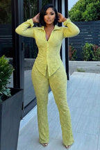 Turndown Collar Long Sleeve Top Skinny Pants 2pcs Set-Green