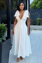 Deep V Neck Bow Cinch Waist Solid Color Cami Maxi Dresses-White
