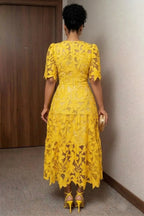 Round Neck Short Sleeve Guipure Lace Casual Maxi Dresses-Yellow