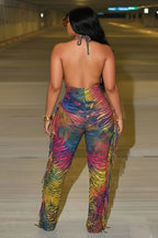 Halter Backless Fringe Trim Colorblock Casual Jumpsuit-Multicolor